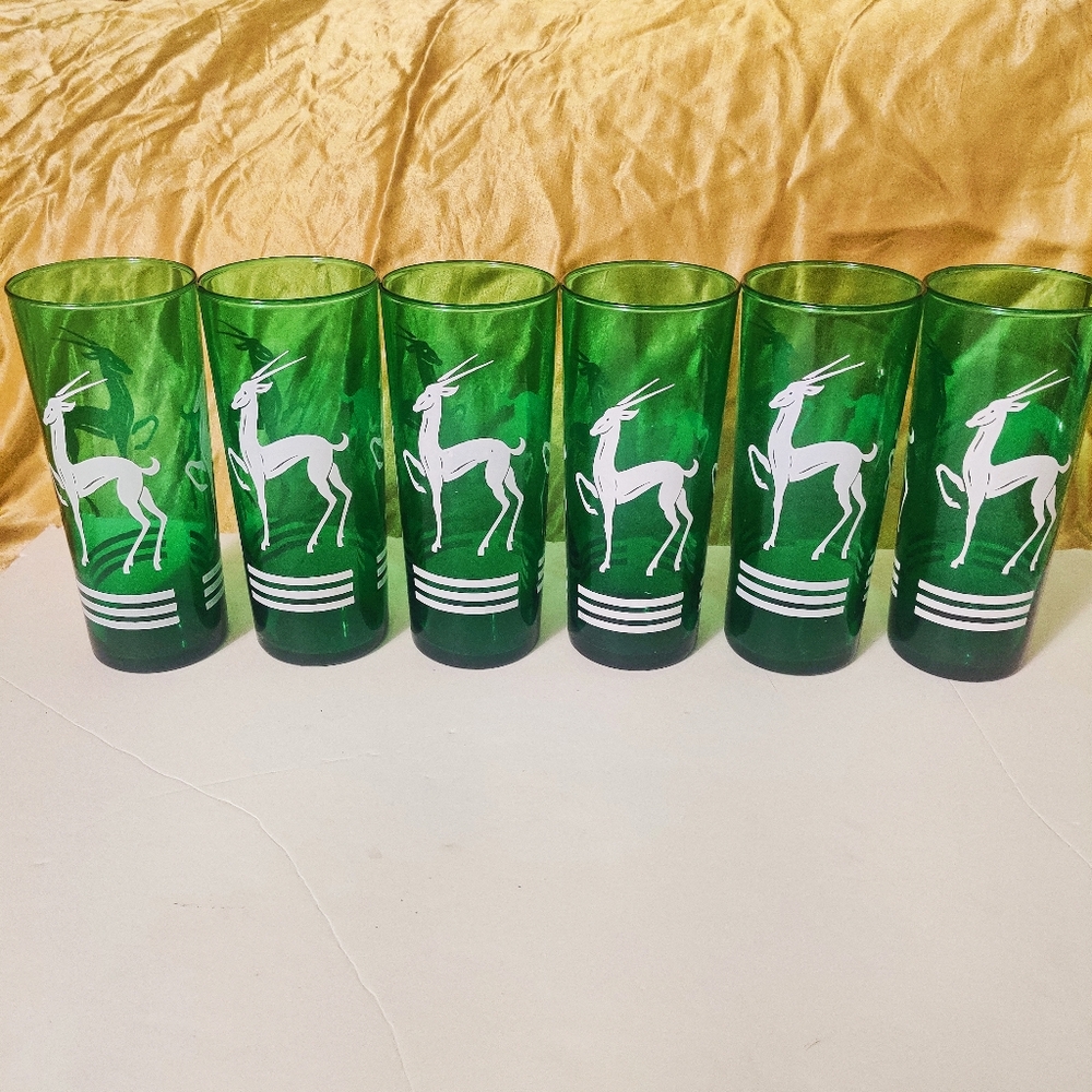 Mid Century Green Gazelle Collins Glasses Bar Drinkware Set of 7 Hazel Atlas